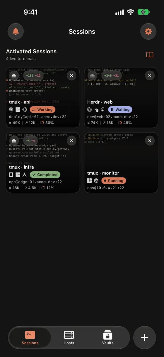 Warpeer iPhone 版会话列表：每个 tmux 与 Herdr 会话的实时预览和 Agent 状态