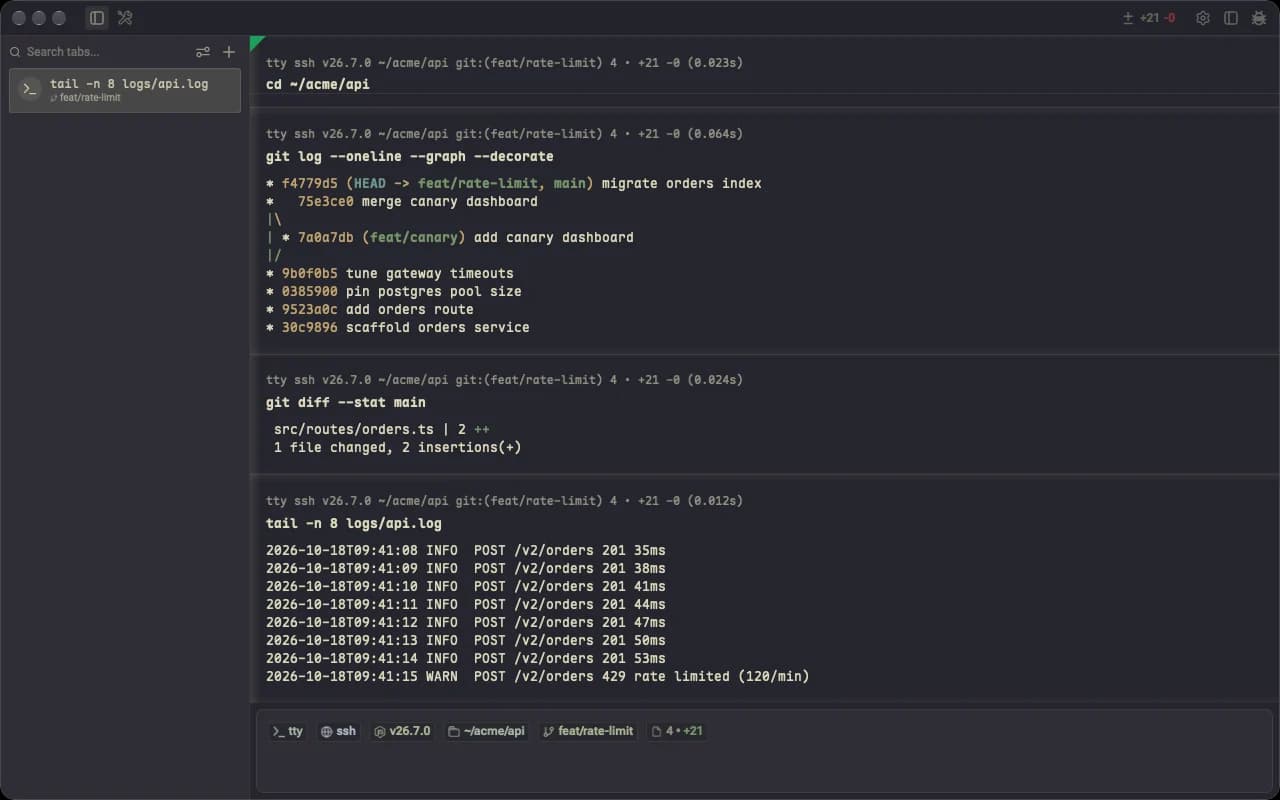 Warpeer Mac 版终端截图：Gruvbox Dark 主题下的命令块